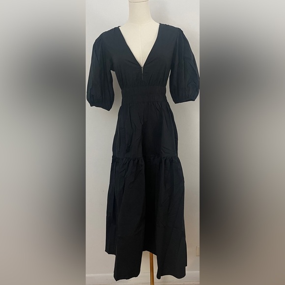 Rachel Parcell Puff Sleeve V-neck Poplin Midi Dress | Black Size Small - Picture 2 of 13